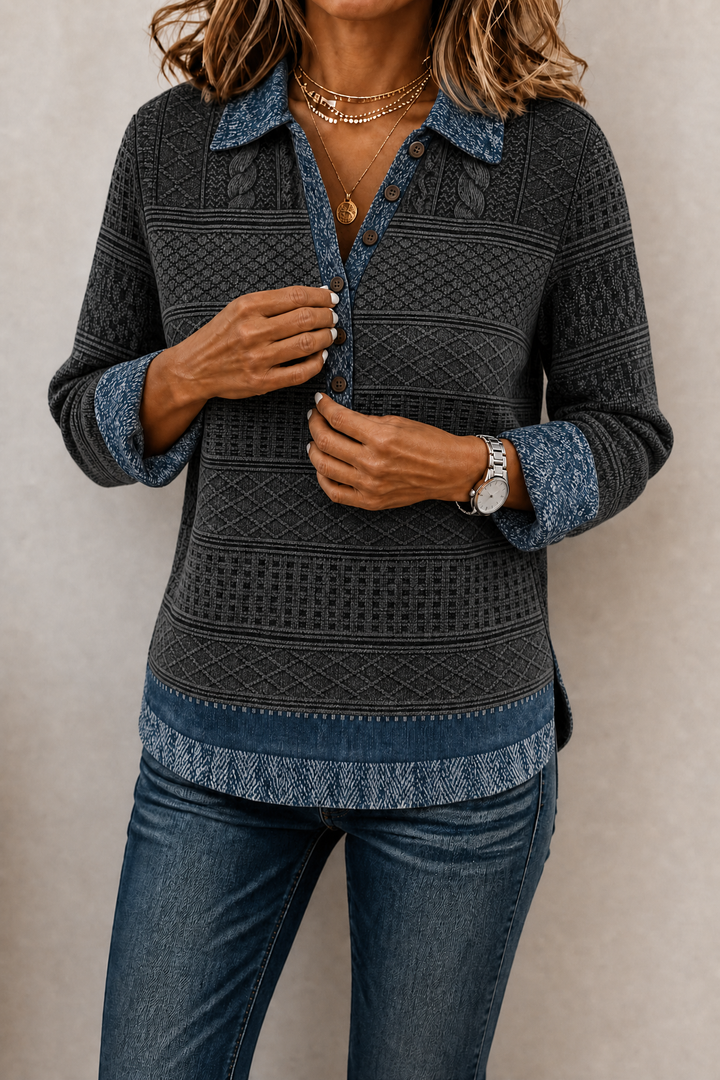 Layerlyn – Denim Patchwork Textured Knit Blouse