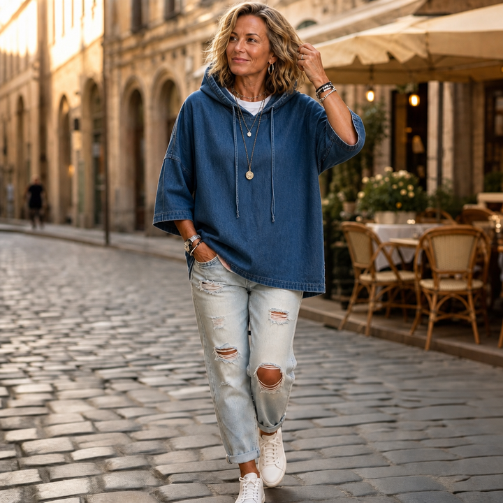 Wearlow – Oversized Washed Denim Look Hooded Poncho