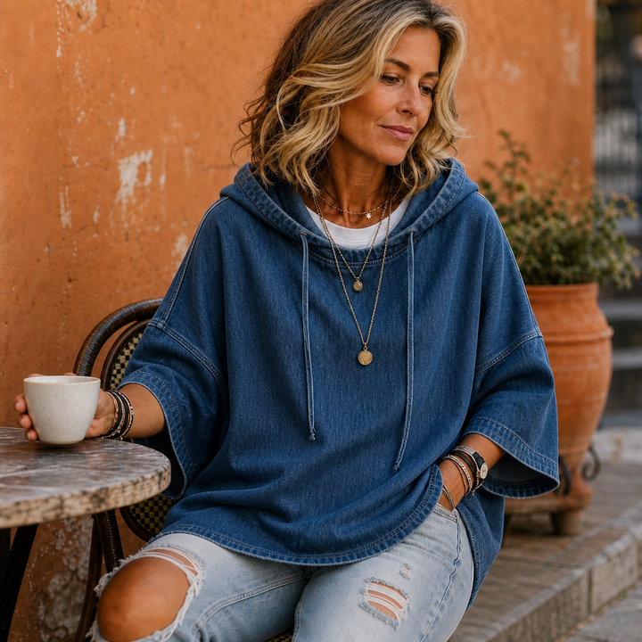 Wearlow – Oversized Washed Denim Look Hooded Poncho