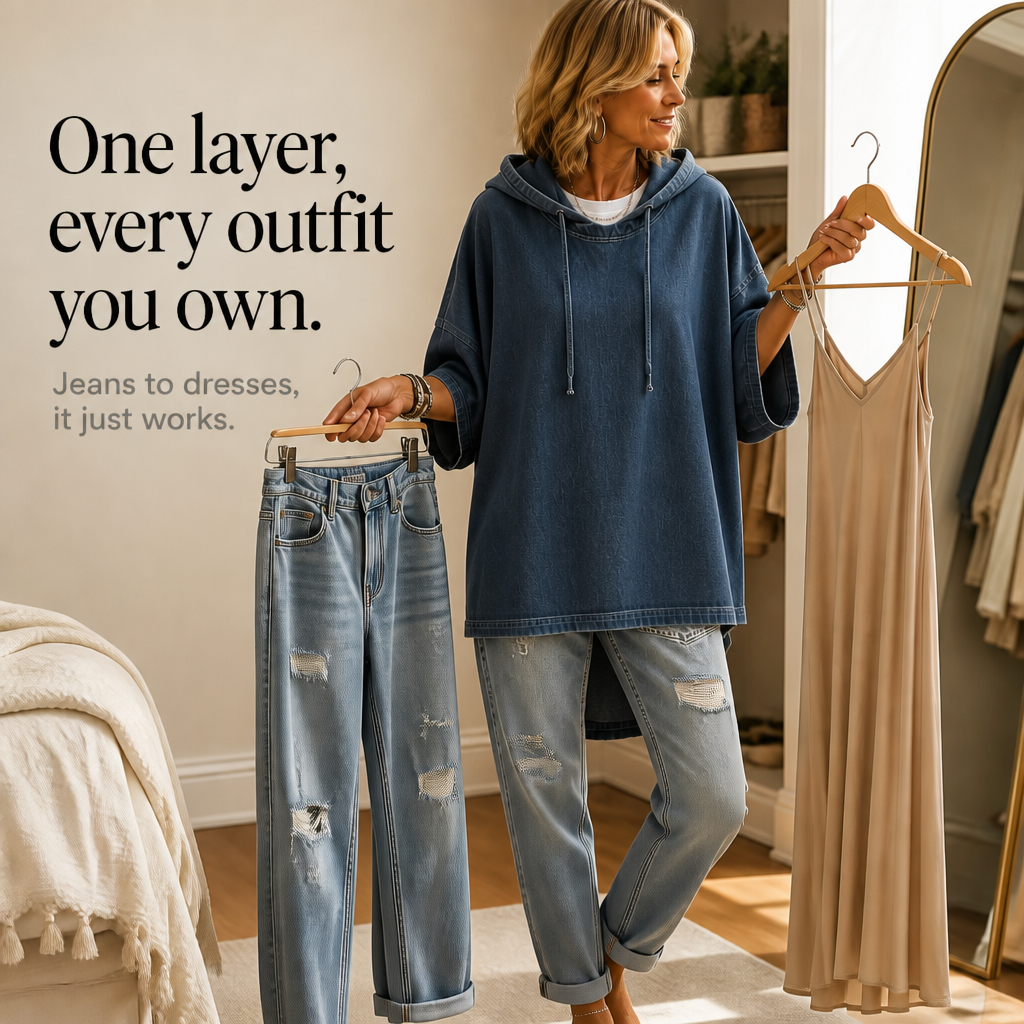 Wearlow – Oversized Washed Denim Look Hooded Poncho