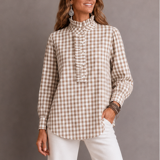 Larkspur – Ruffle Collar Gingham Placket Blouse