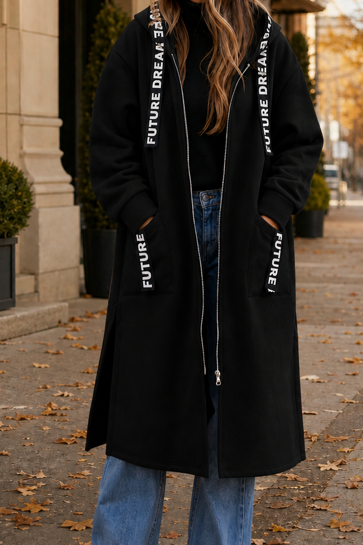 Duskmere – Knee-Length Hooded Zip Sweatshirt Coat