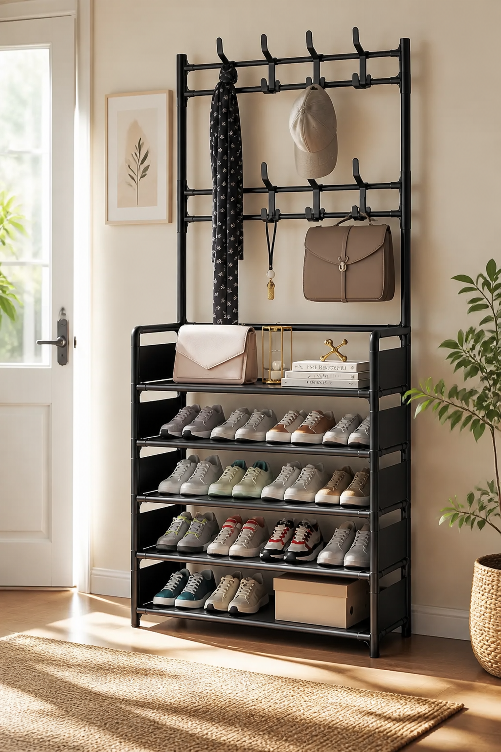 Haldrow – 3-Tier Shoe Rack With Coat Hooks