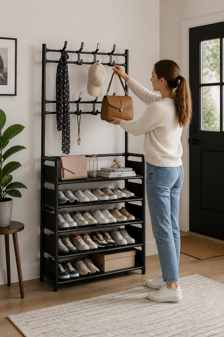 Haldrow – 3-Tier Shoe Rack With Coat Hooks