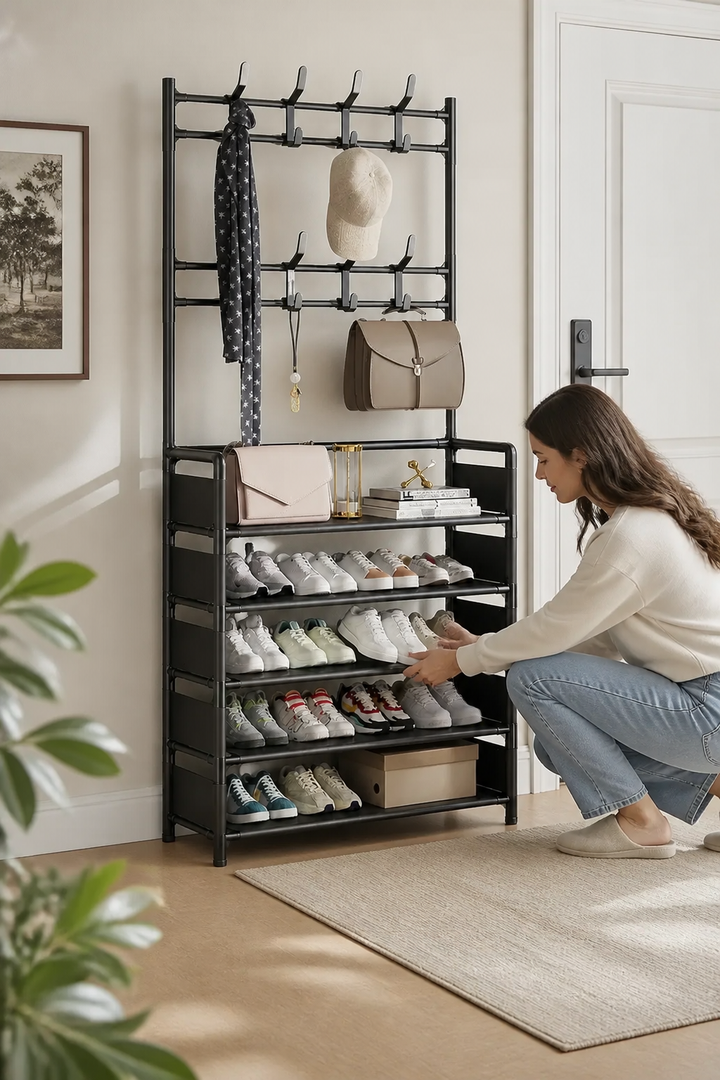 Haldrow – 3-Tier Shoe Rack With Coat Hooks