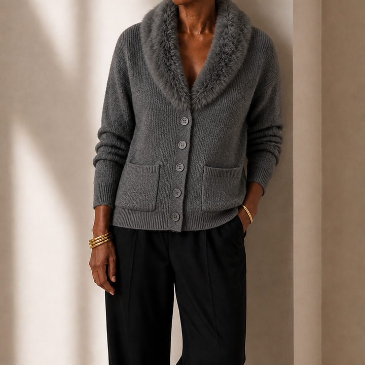 Shaguna – Shaggy Collar Ribbed Knit Cardigan