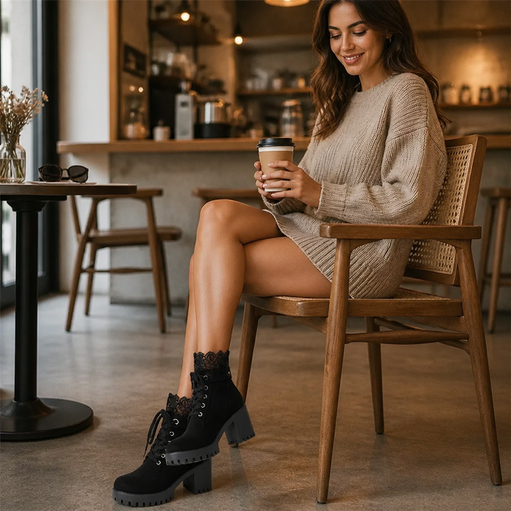 Lacevoya – Lace-Up Chunky Heel Ankle Booties