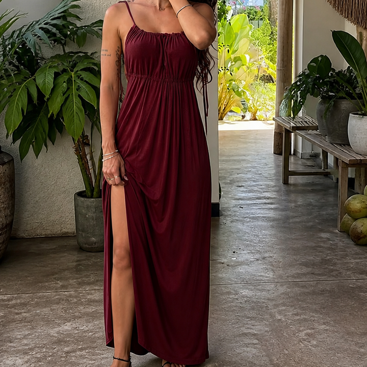 Wearbella – Adjustable Drawstring Neck Flowy Maxi Dress