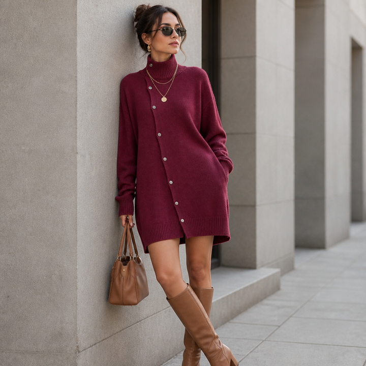Wrapdaya – Oversized High-Neck Button Cardigan