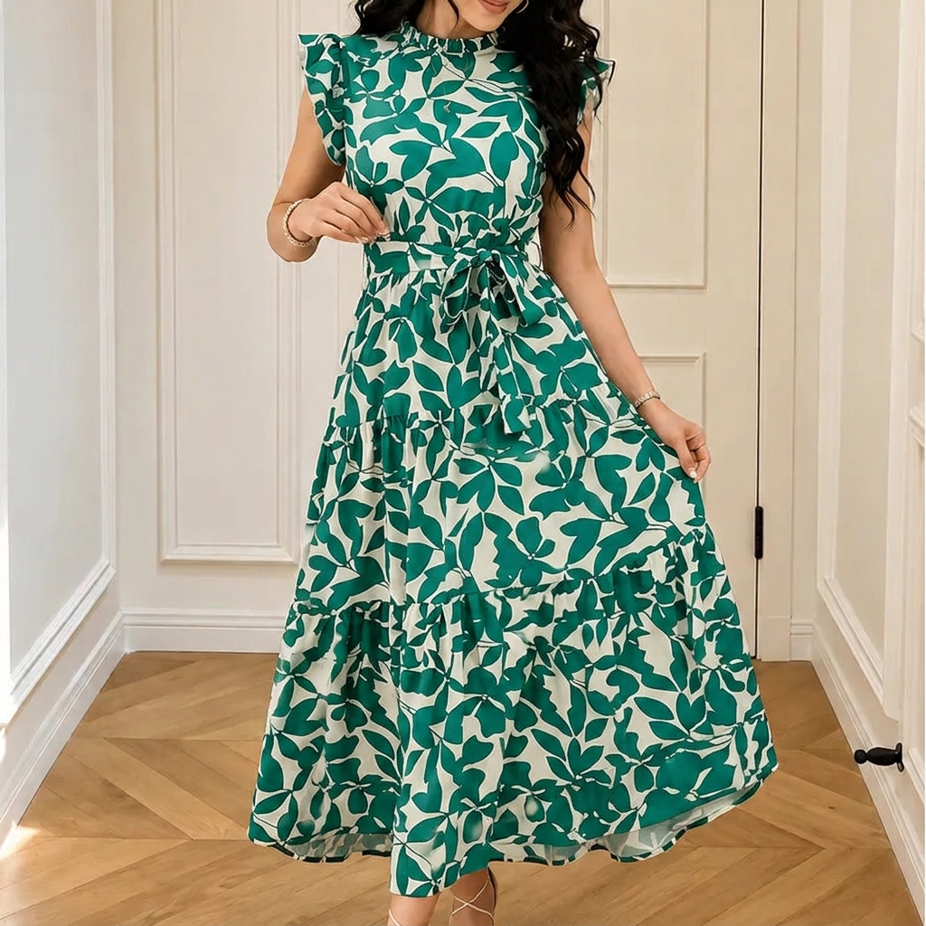 Sunlura – Flutter Sleeve Tie Waist Tiered Midi Dress, Summer Floral Print, Women's Casual Dress