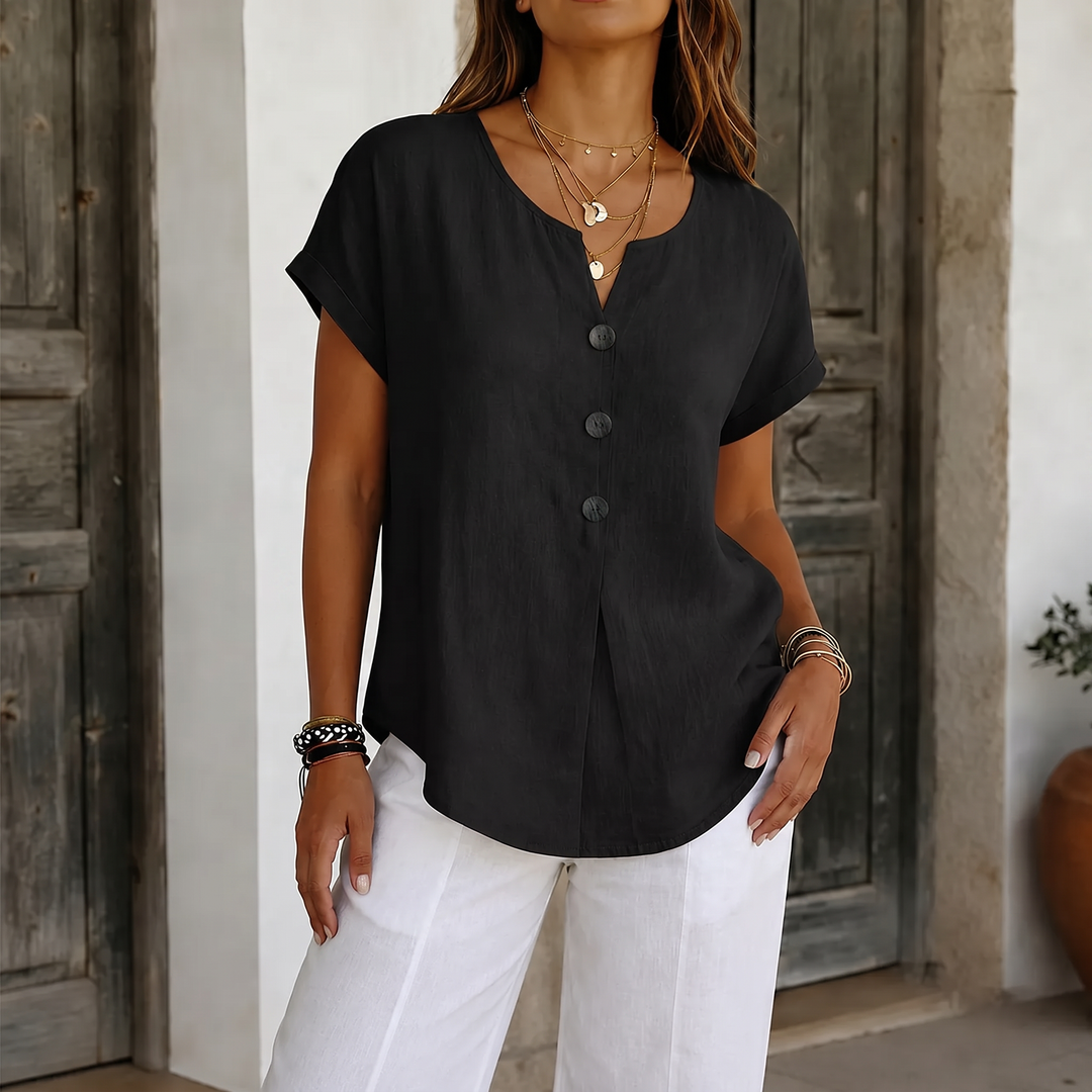 Solene – Relaxed V-Neck Blouse with Wood-like Buttons for Women