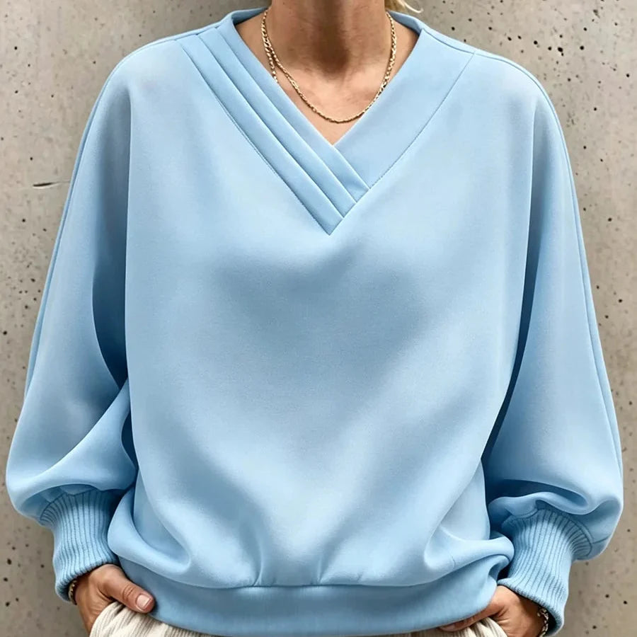 Wearbella – Pleated V-Neck Balloon Sleeve Sweatshirt