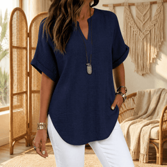 Wovena™ – Breezy V Neck Blouse with Curved Hem