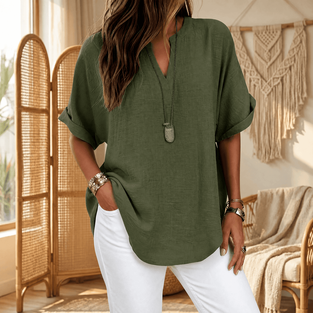 Wovena™ – Breezy V Neck Blouse with Curved Hem