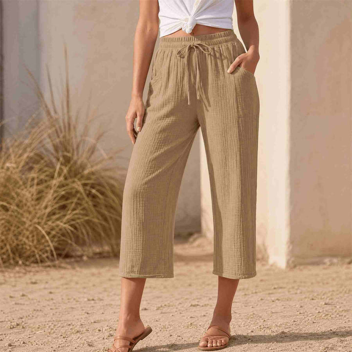 Linelle™ – Women's Crinkle Wide-Leg Cropped Pants with Pockets