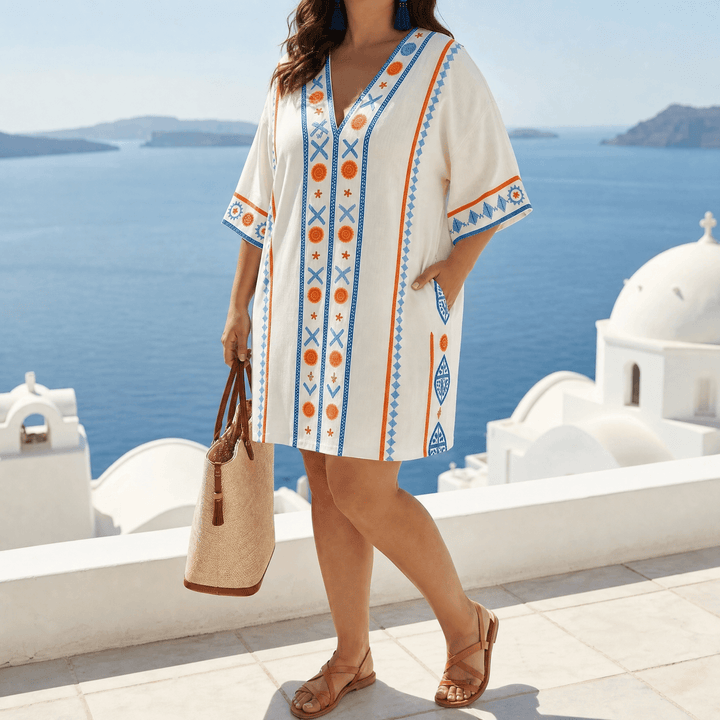 Sienna™ Embroidered Kaftan Mini Dress for Vacation Cream w/ Blue Geometric / S