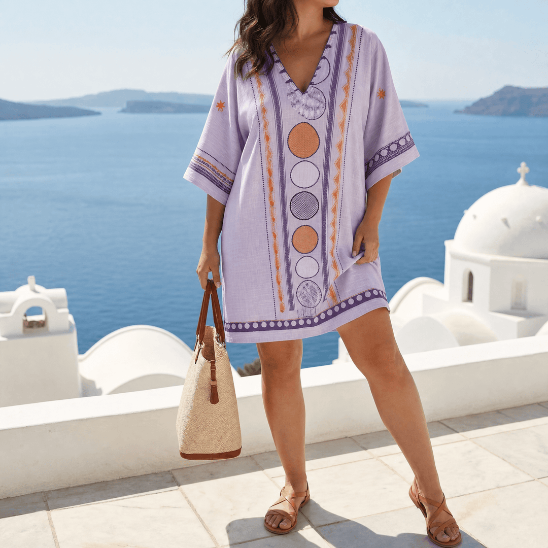 Sienna™ Embroidered Kaftan Mini Dress for Vacation Lavender w/ Purple & Orange / S