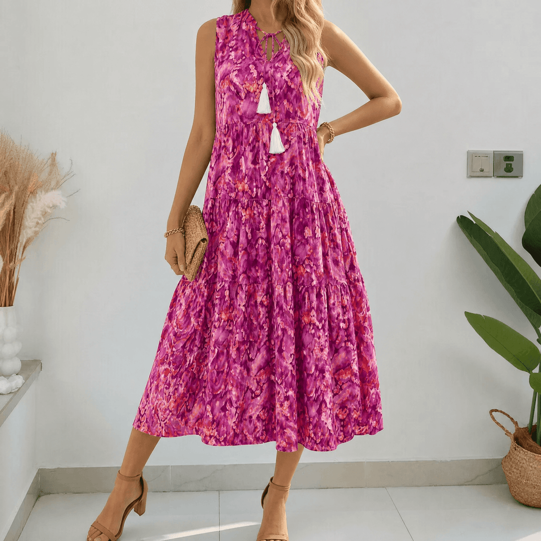 Soleia™ – Tiered Boho Midi Dress for Effortless Summer Days Magenta Sunset / S