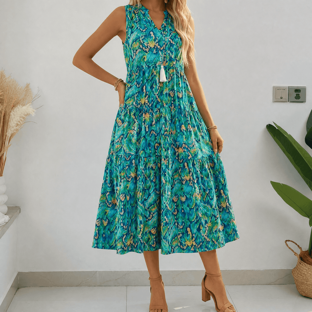 Soleia™ – Tiered Boho Midi Dress for Effortless Summer Days Turquoise Bloom / S