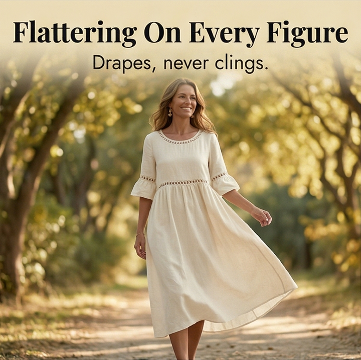 Solenne™ – Breathable Cotton Linen Lace Midi Dress