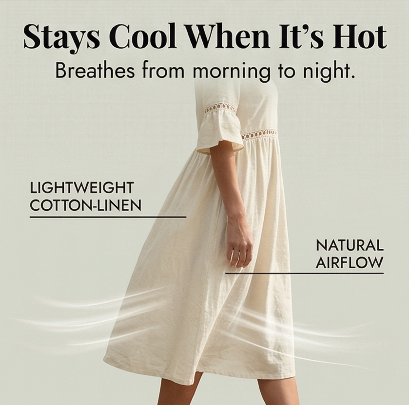 Solenne™ – Breathable Cotton Linen Lace Midi Dress
