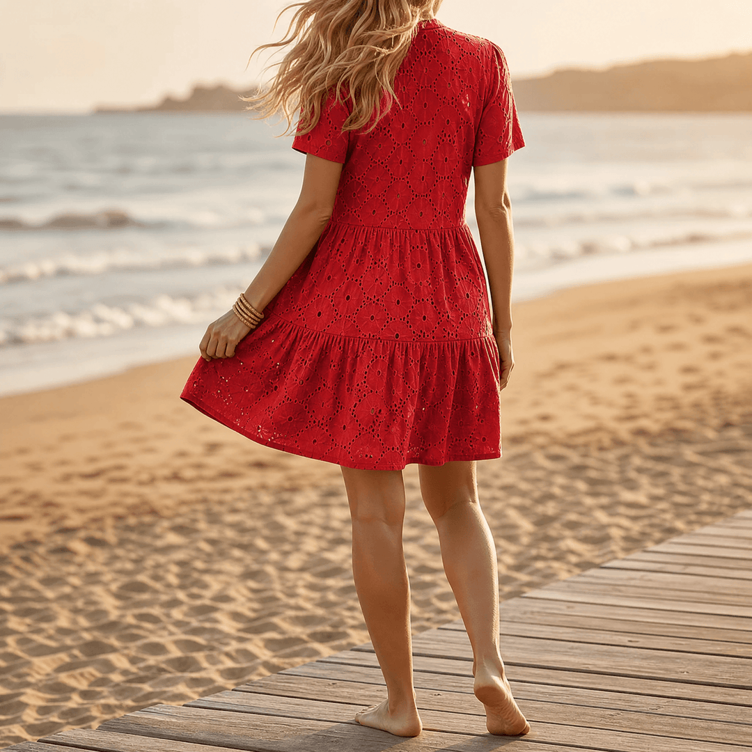 Solenne™ – Cotton Eyelet Summer Dress Red / S