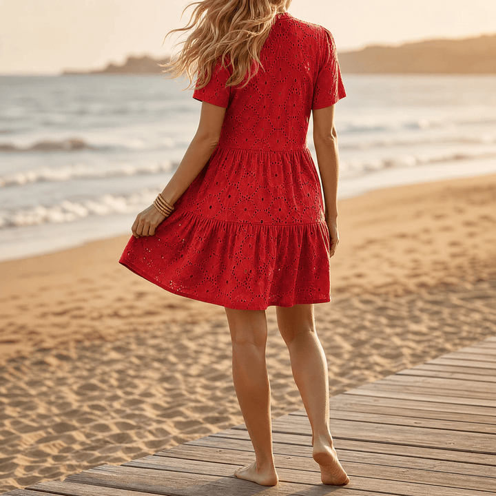 Solenne™ – Cotton Eyelet Summer Dress Red / S