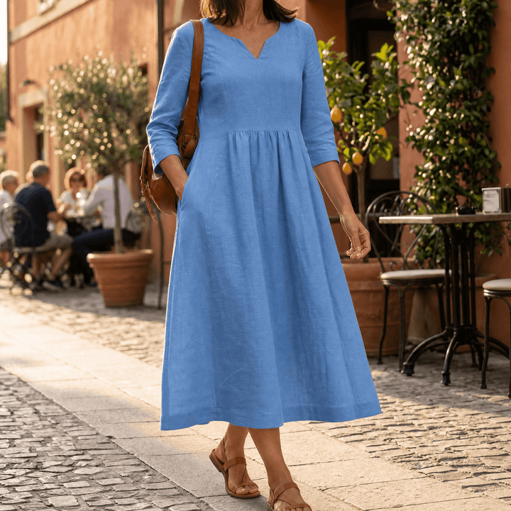 Solenne™ – Relaxed V-Neck Midi Dress with Pockets Blue / S
