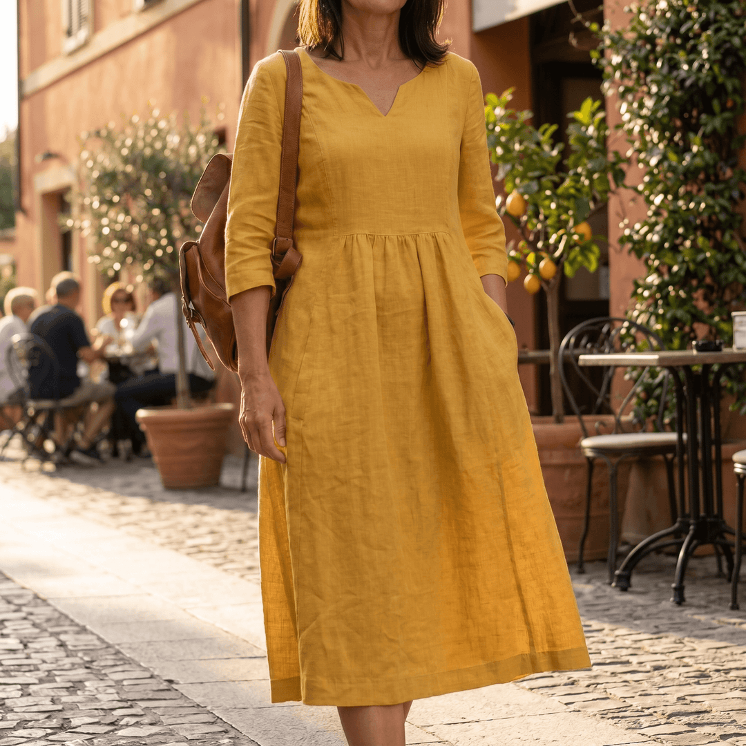 Solenne™ – Relaxed V-Neck Midi Dress with Pockets