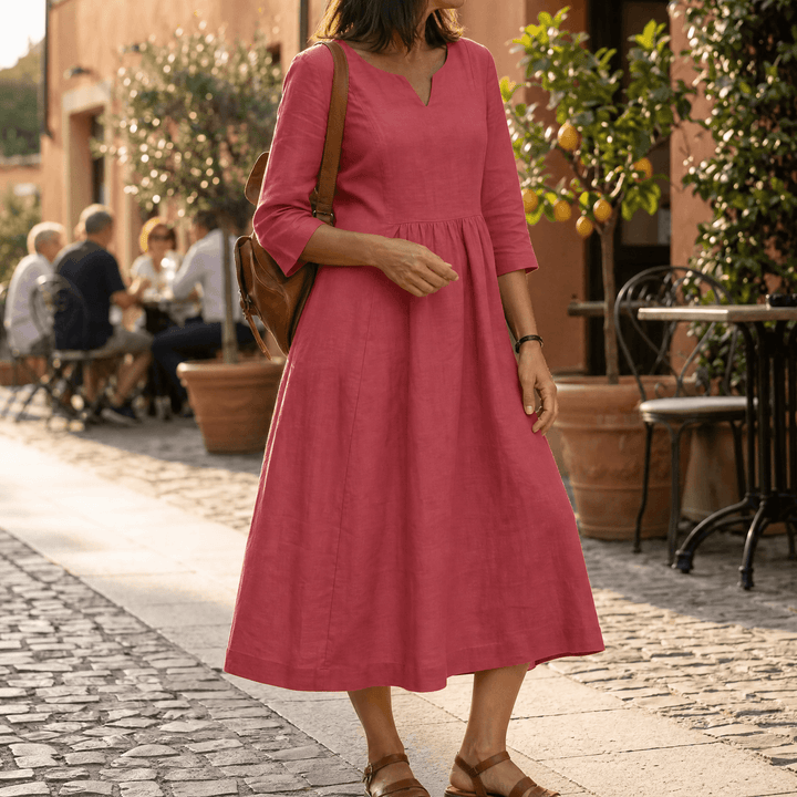 Solenne™ – Relaxed V-Neck Midi Dress with Pockets Red / S