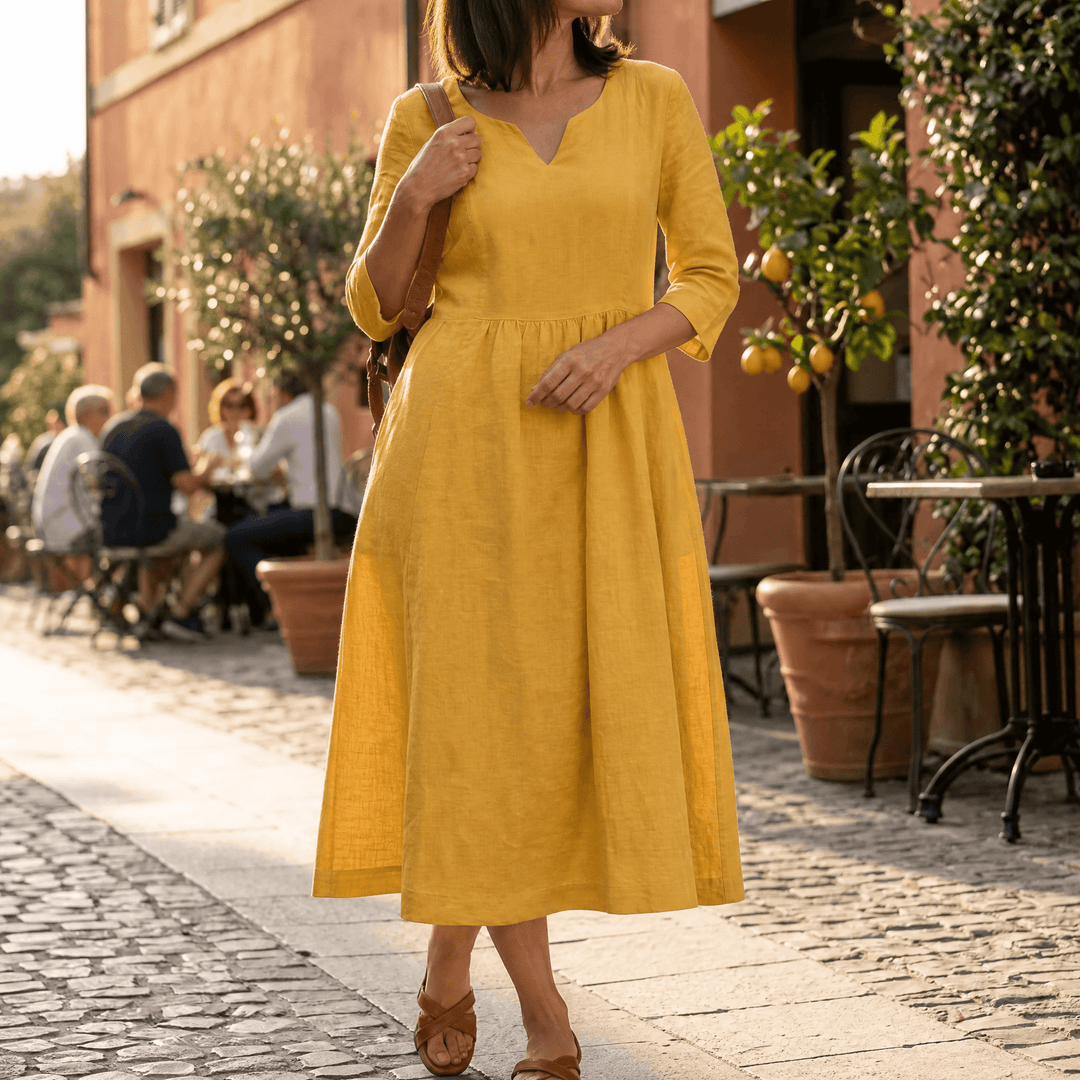 Solenne™ – Relaxed V-Neck Midi Dress with Pockets Yellow / S
