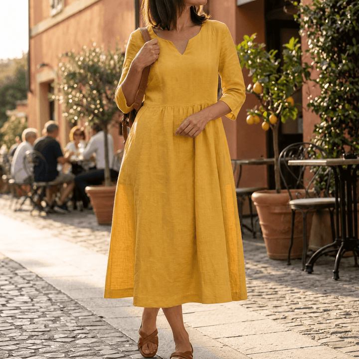 Solenne™ – Relaxed V-Neck Midi Dress with Pockets Yellow / S