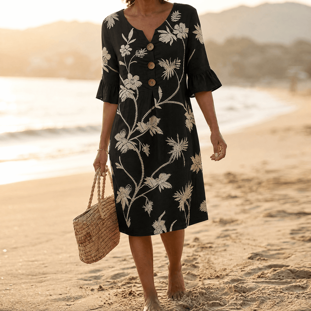 Solenya™ – Embroidered Floral Midi Dress Black / S