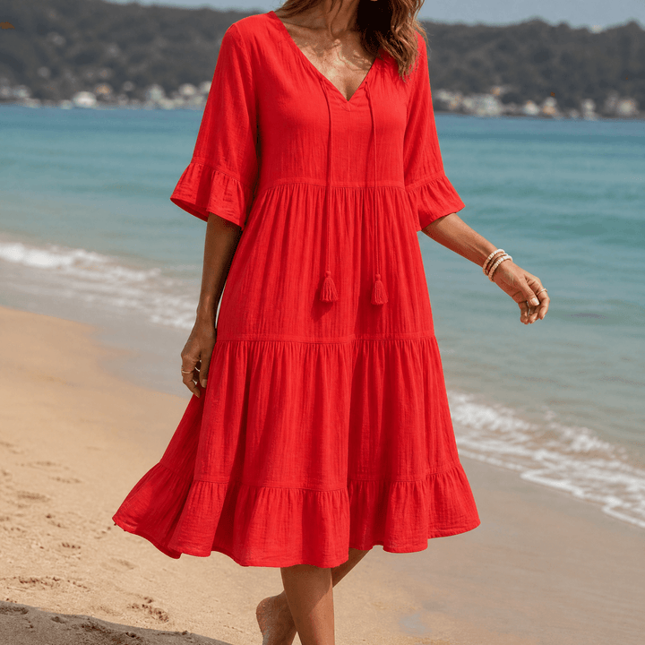 Solera™ – Breezy V-Neck Cotton Dress Red / S