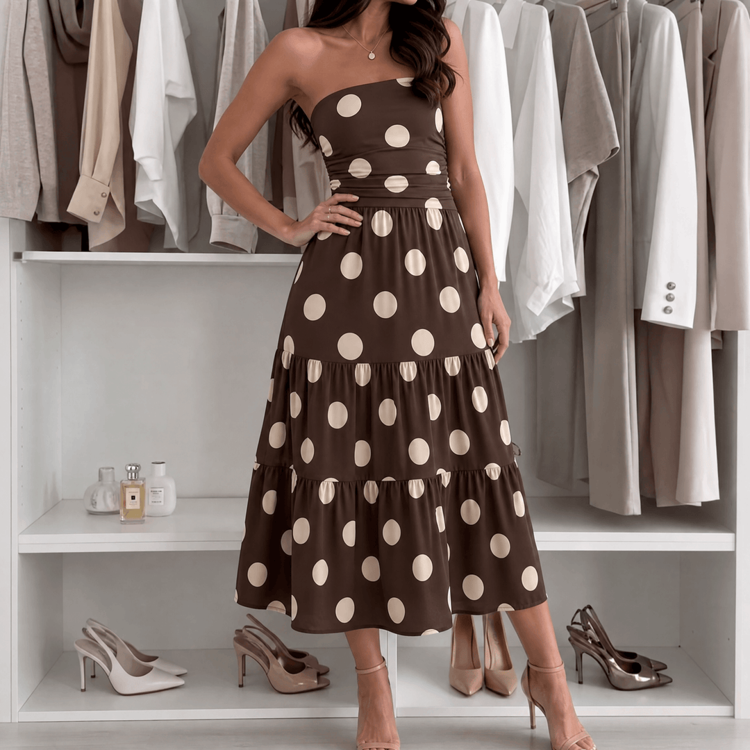 Soliana™ – Sheer Tiered Polka Dot Dress Brown / S (US 4)