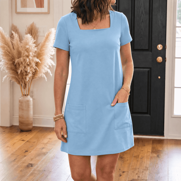 Soliva™ - Soft Square-Neck Pocket Dress Light Blue / S