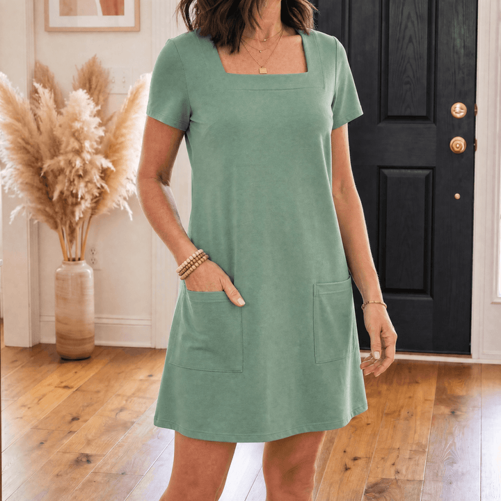 Soliva™ - Soft Square-Neck Pocket Dress Sage Green / S