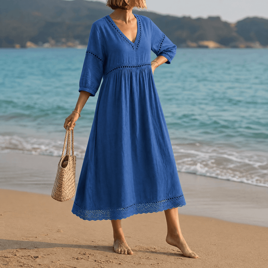 Solmera™ – Crochet Trim Midi Dress Cobalt Blue / S