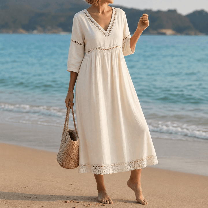 Solmera™ – Crochet Trim Midi Dress Cream / S