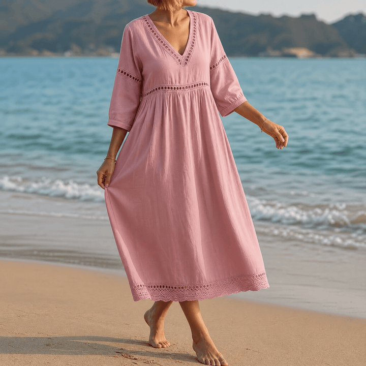Solmera™ – Crochet Trim Midi Dress Dusty Pink / S