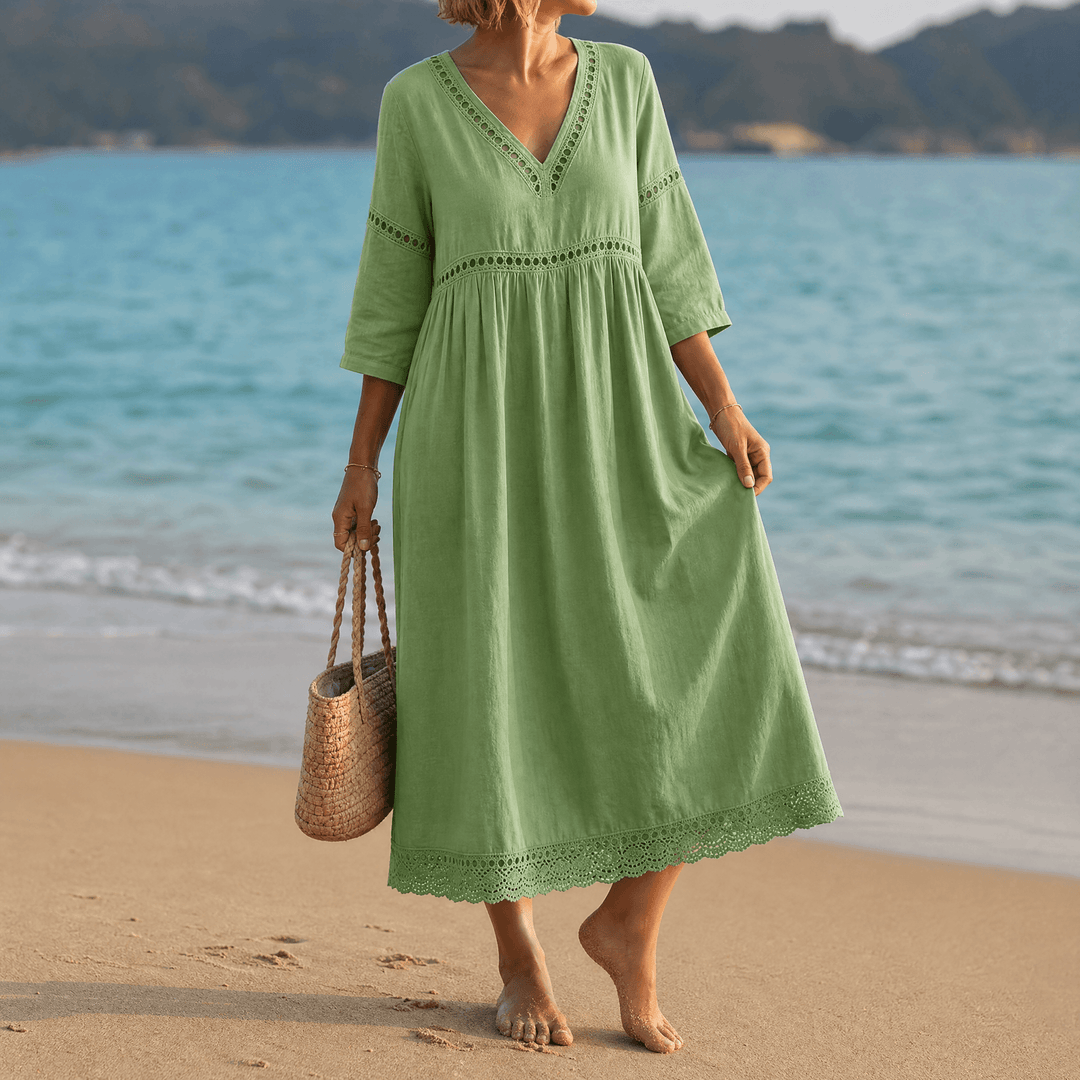 Solmera™ – Crochet Trim Midi Dress Sage Green / S