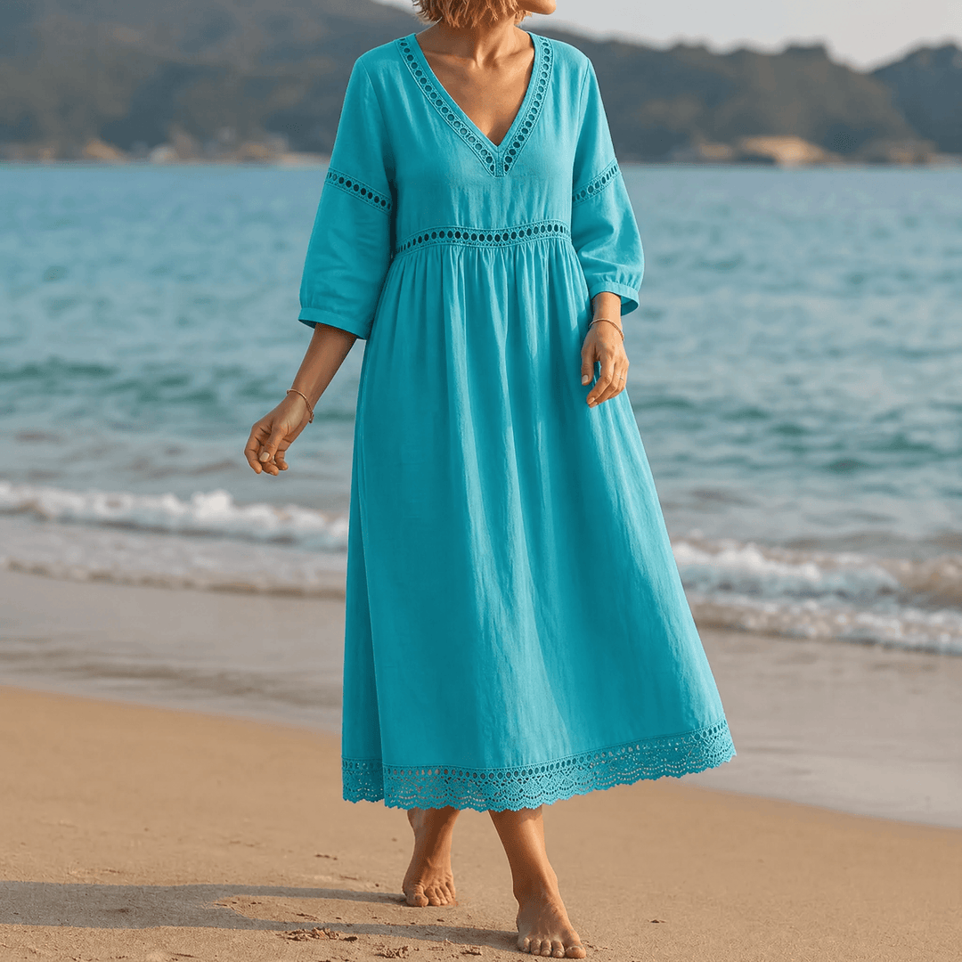 Solmera™ – Crochet Trim Midi Dress Teal / S