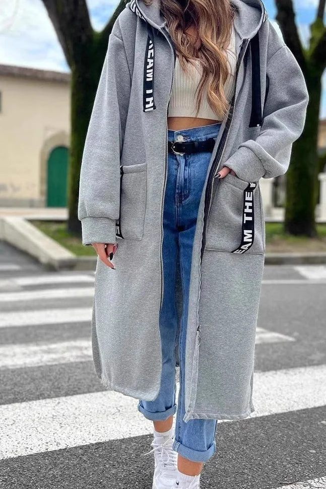 Duskmere – Knee-Length Hooded Zip Sweatshirt Coat