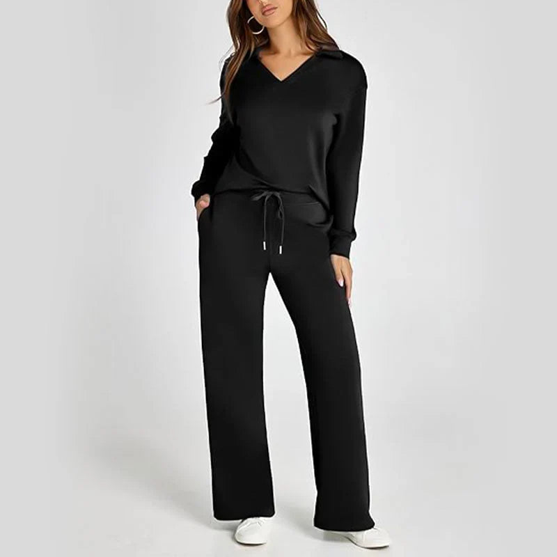 Softline – V-Neck Knit Top And Wide-Leg Pants Set
