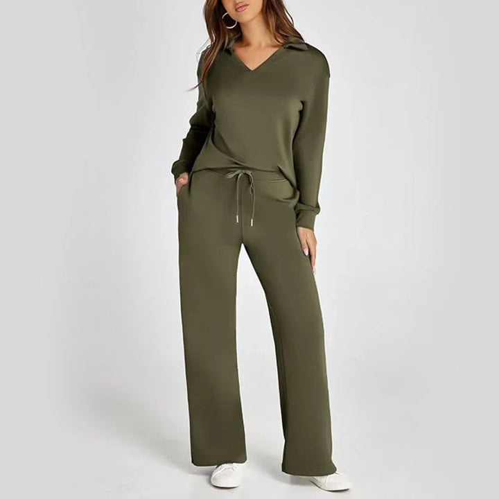 Softline – V-Neck Knit Top And Wide-Leg Pants Set