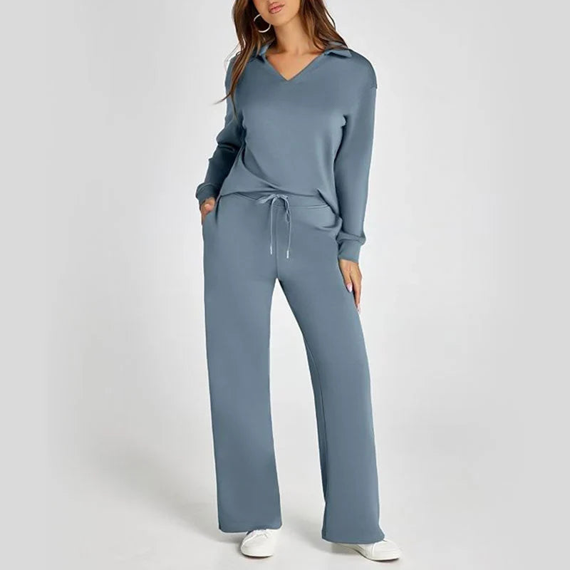Softline – V-Neck Knit Top And Wide-Leg Pants Set