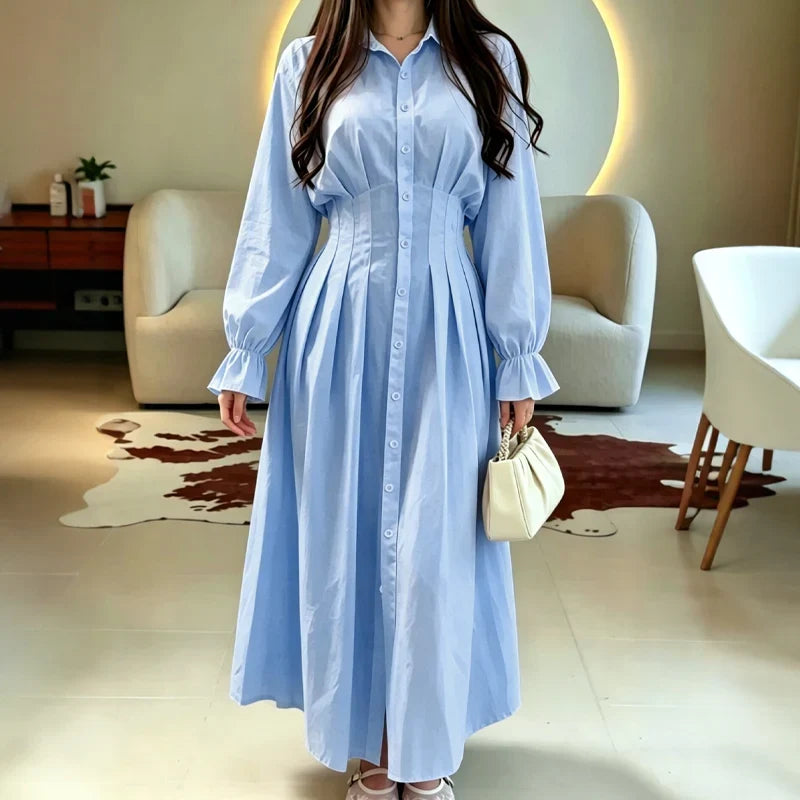 Wearbella – Pleated-Waist Belted Long-Sleeve Shirt Dress
