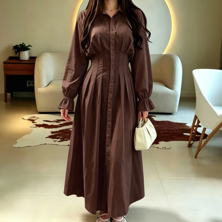 Wearbella – Pleated-Waist Belted Long-Sleeve Shirt Dress