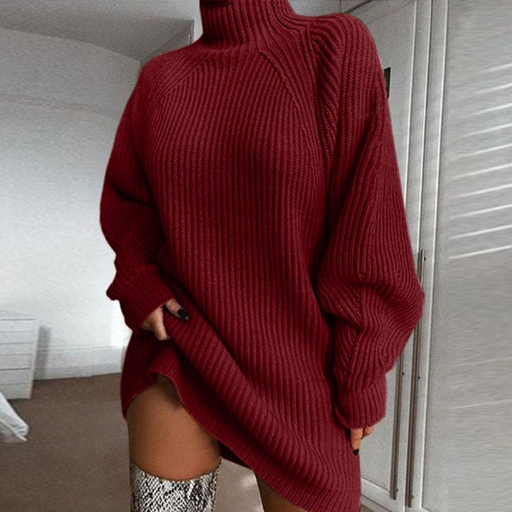 Cozyelle – Ribbed Raglan High-Neck Sweater Dress