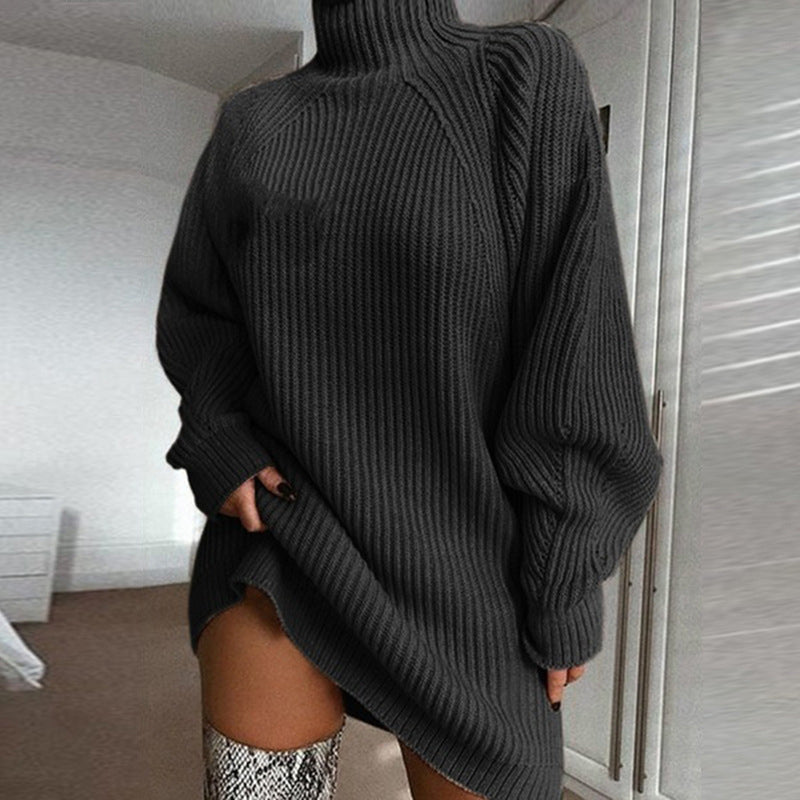 Cozyelle – Ribbed Raglan High-Neck Sweater Dress